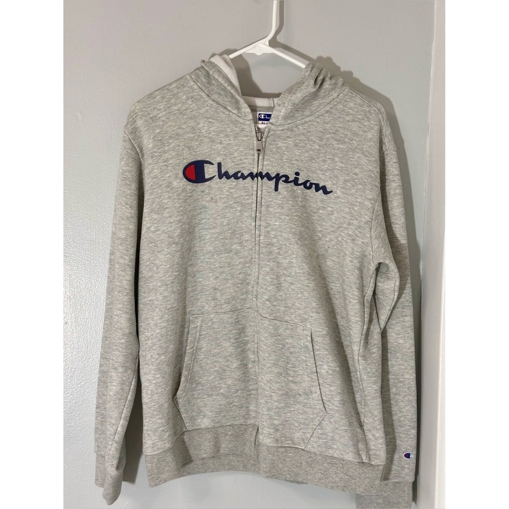 Champion Heather Gray Full Zip Hoodie Script Logo Sweatshirt XL 18/20